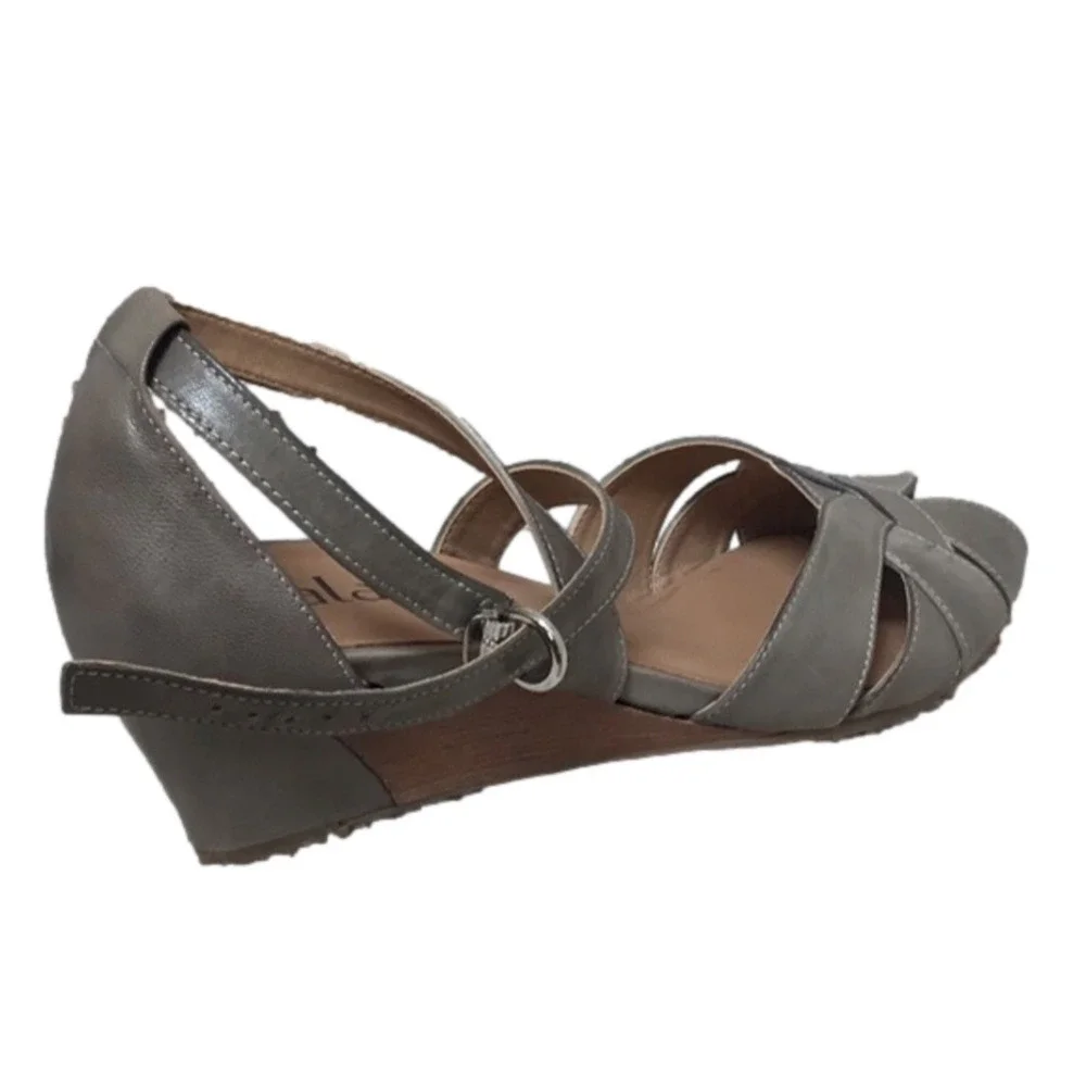 BIALA Peep Toe Wedge Leather Tan Gray Ankle Wrap Strap Shoes Size 39